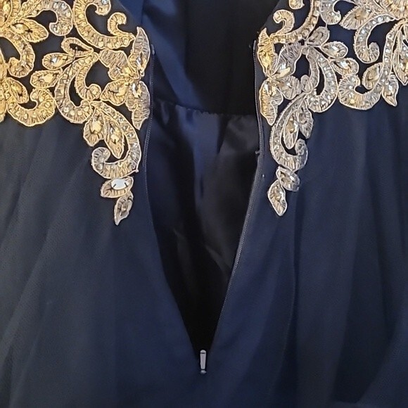 Aria Couture Navy Blue Diamond Studded Prom Dress With Open Back. Size Small - Picture 9 of 14